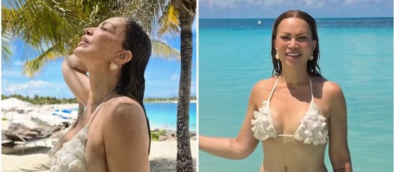 Em dia de folga, Solange Almeida renova o bronzeado em Fortaleza e se refresca em ducha