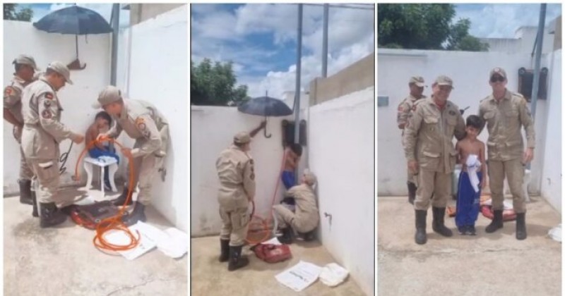 Corpo de Bombeiros resgata crian�a ap�s ficar presa entre poste e parede em Patos