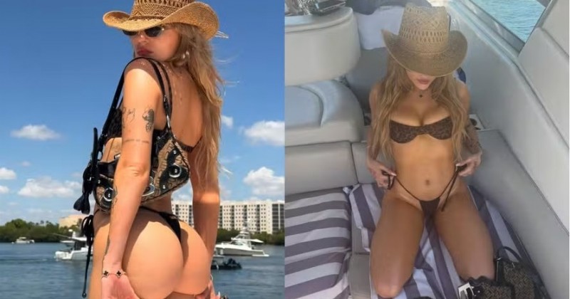 Lu�sa Sonza exibe curvas com biqu�ni de oncinha em passeio de lancha por Miami