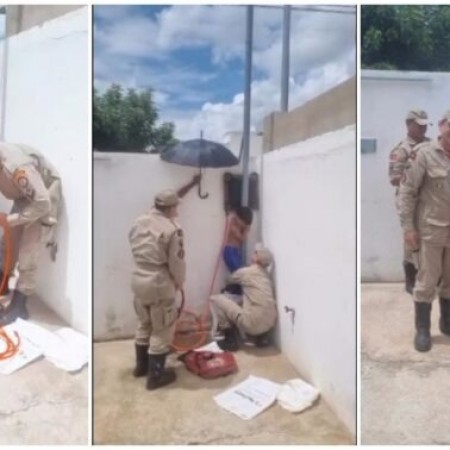 Corpo de Bombeiros resgata crian�a ap�s ficar presa entre poste e parede em Patos