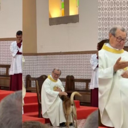 Cachorro sobe em altar durante missa e fica ao lado de padre no interior da Para�ba