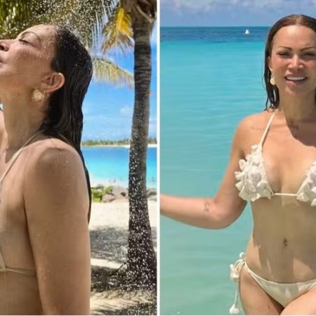 Em dia de folga, Solange Almeida renova o bronzeado em Fortaleza e se refresca em ducha