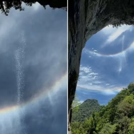 Fen�meno cria efeito de 'cachoeira no c�u' na maior boca de caverna do mundo